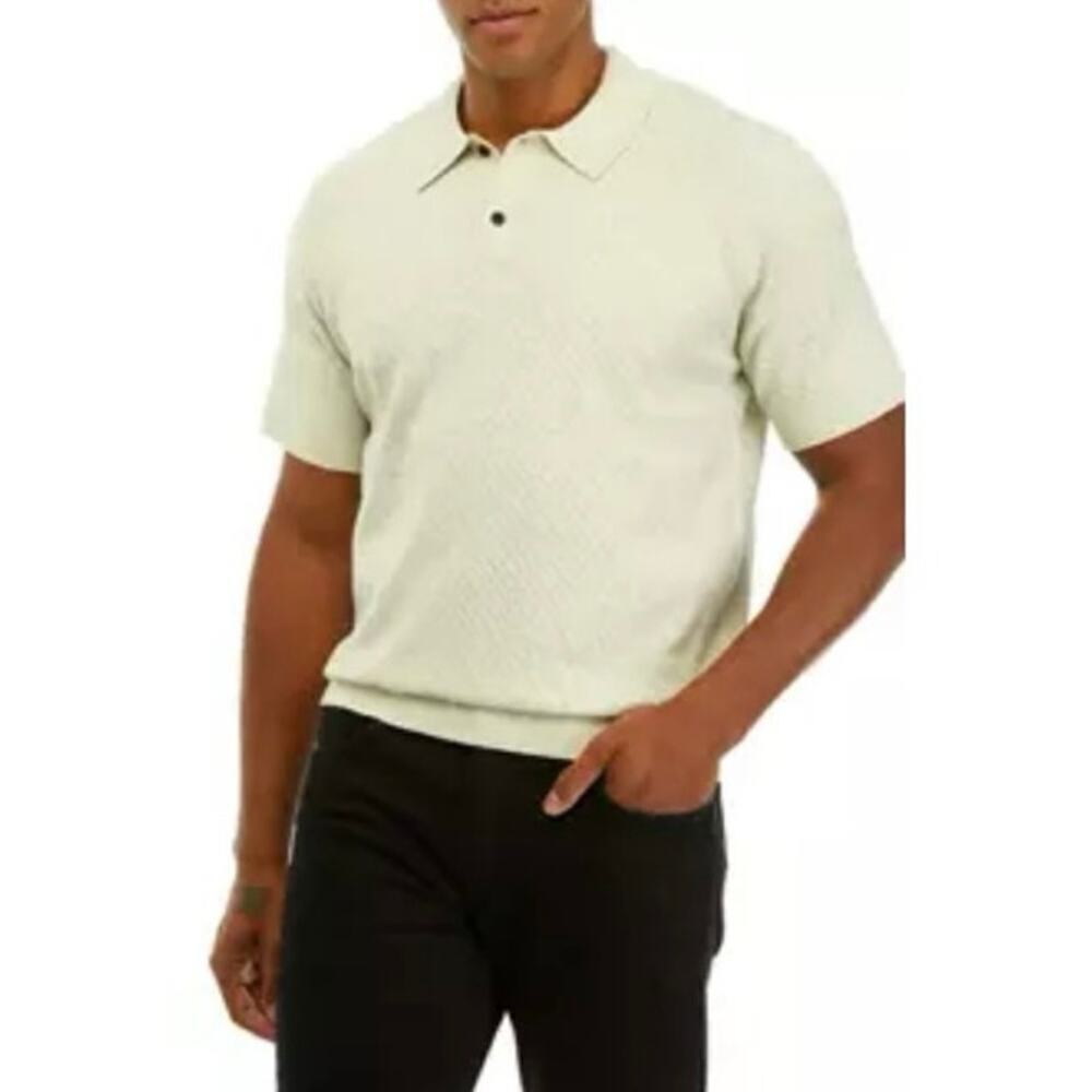 Magaschoni Textured Sweater Mens Lg Polo Cream Wool Blend Short Sleeve 3D Knit